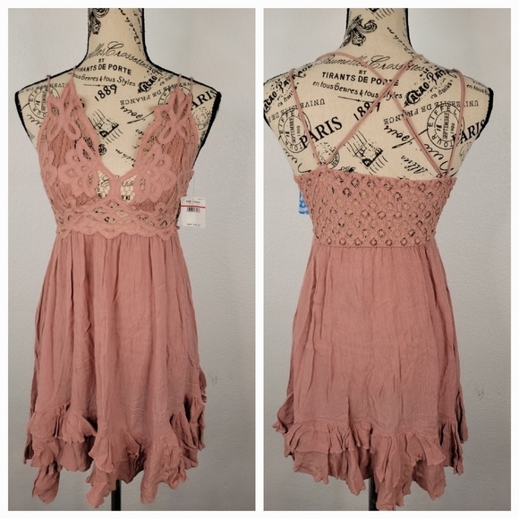 Free People Adella Lace Slip Mini Dress Rose V Neck NEW - Picture 15 of 16
